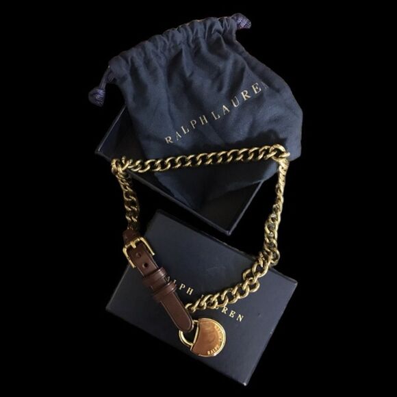 Ralph Lauren * Polished Brass Link Lock Charm Dog Collar Necklace/Bracelet/Belt